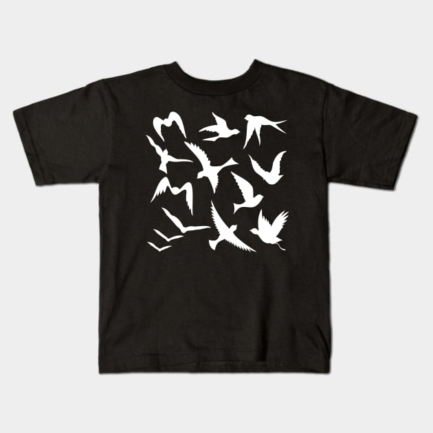 Flying Birds White Silhouettes Kids T-Shirt by sifis